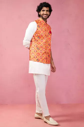 Orange patola print nehru jacket with cream kurta pyjama - festive set