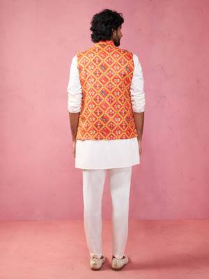 Orange patola print nehru jacket with cream kurta pyjama - festive set 5