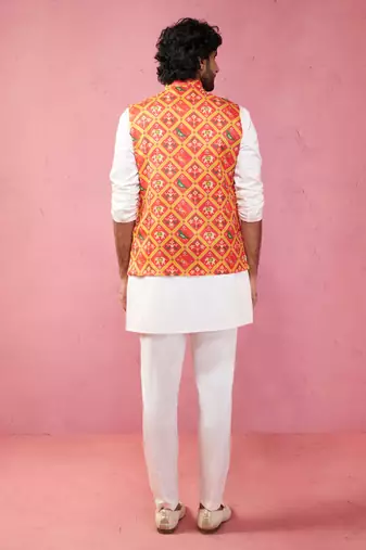 Orange patola print nehru jacket with cream kurta pyjama - festive set