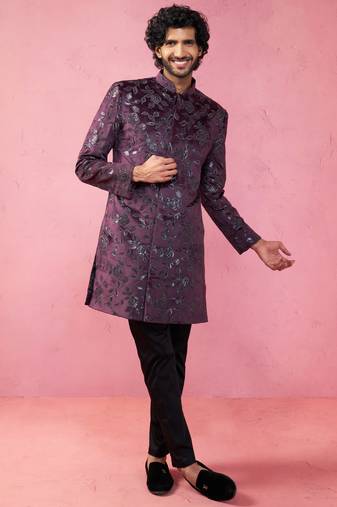 men's Wine velvet indo-western kurta with black cotton lycra pyjama