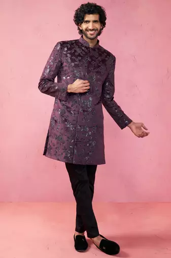 men's Wine velvet indo-western kurta with black cotton lycra pyjama