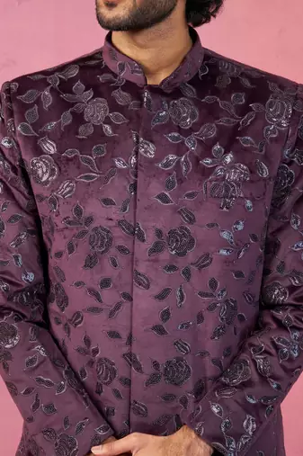 Wine velvet indo-western kurta with black cotton lycra pyjama