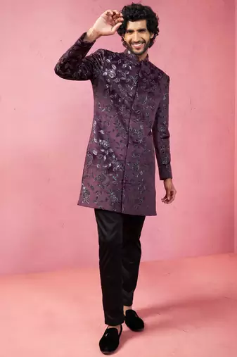 Wine velvet indo-western kurta with black cotton lycra pyjama