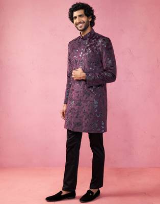Wine velvet indo-western kurta with black cotton lycra pyjama 4