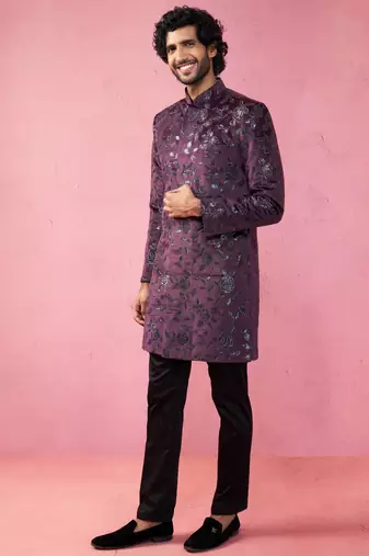 Wine velvet indo-western kurta with black cotton lycra pyjama