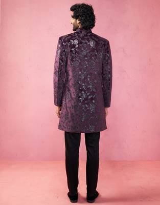 Wine velvet indo-western kurta with black cotton lycra pyjama 5