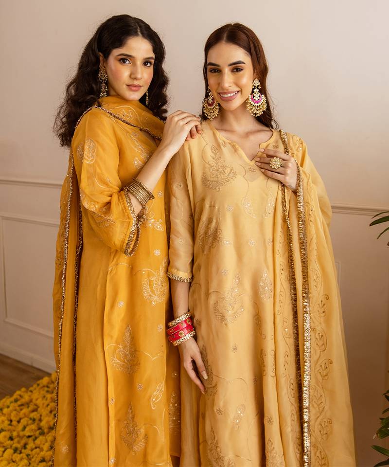 Beige embroidered organza kurta set