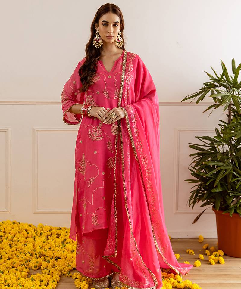 Fuchsia embroidered organza kurta set