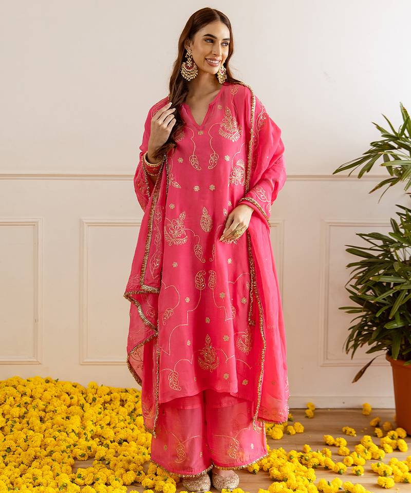 Fuchsia embroidered organza kurta set