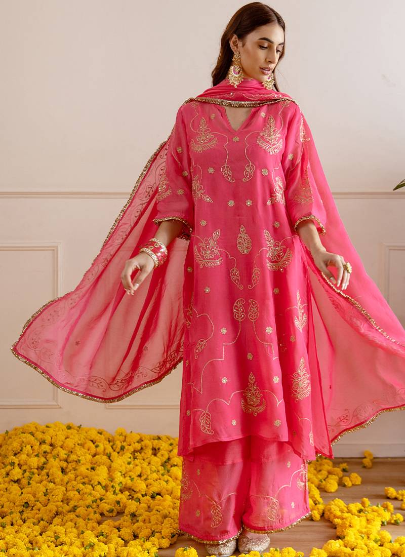Fuchsia embroidered organza kurta set