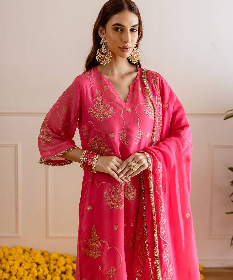 Fuchsia embroidered organza kurta set