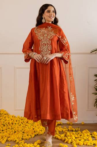 Orange embroidered chanderi kurta set