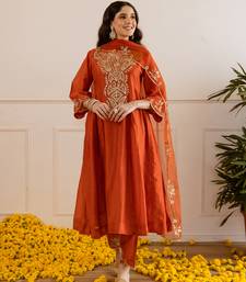 Orange embroidered chanderi kurta set