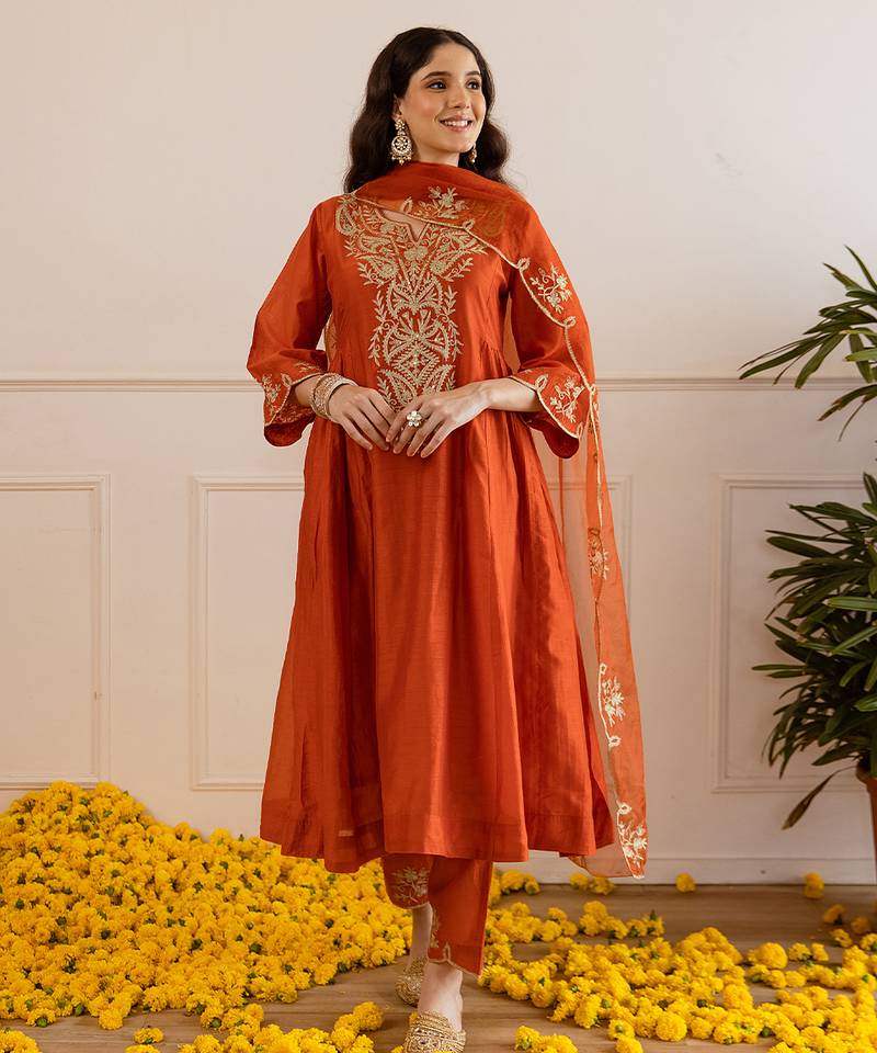Orange embroidered chanderi kurta set