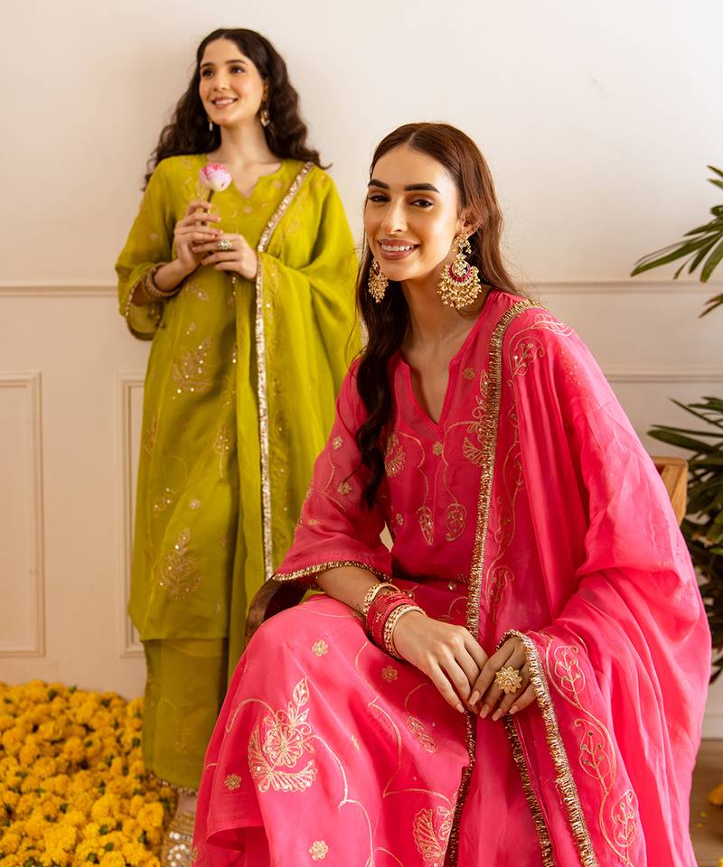 Fuchsia embroidered organza kurta set