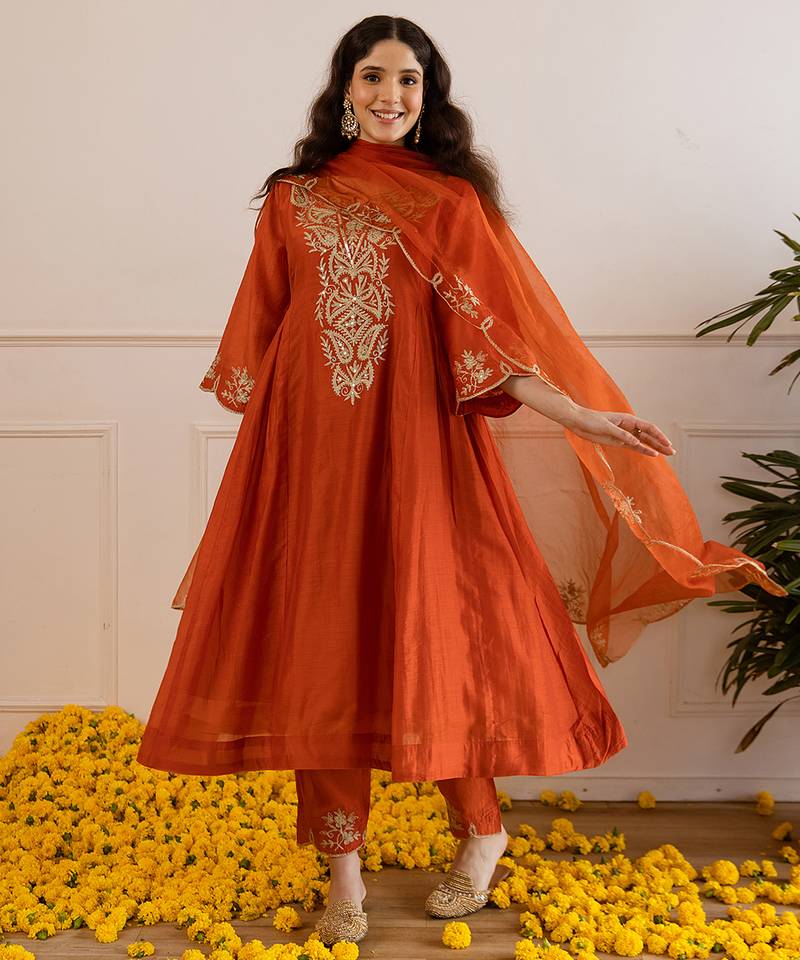 Orange embroidered chanderi kurta set