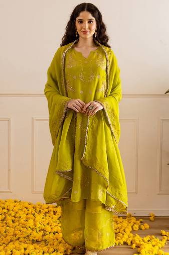 Lime green embroidered cotton kurta set