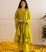 Lime green embroidered cotton kurta set