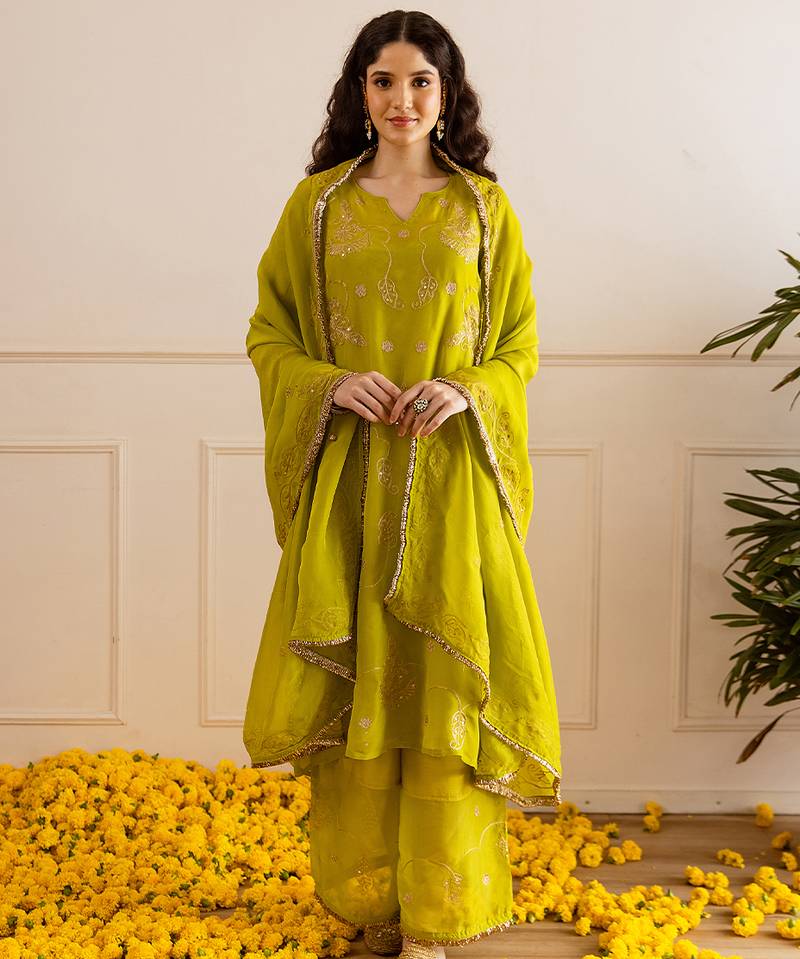 Lime green embroidered cotton kurta set
