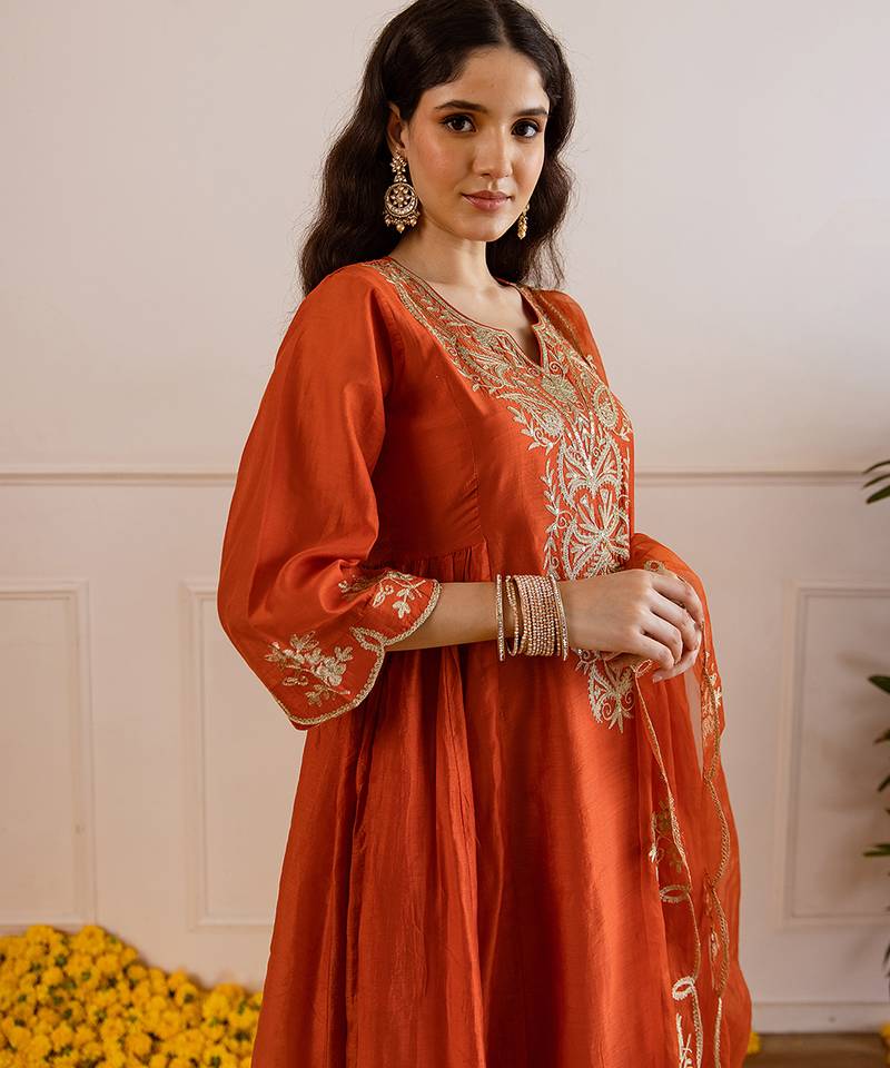 Orange embroidered chanderi kurta set