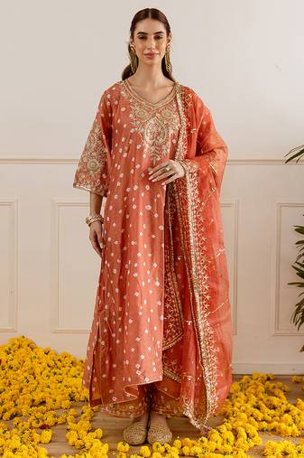 Orange embroidered chanderi kurta set