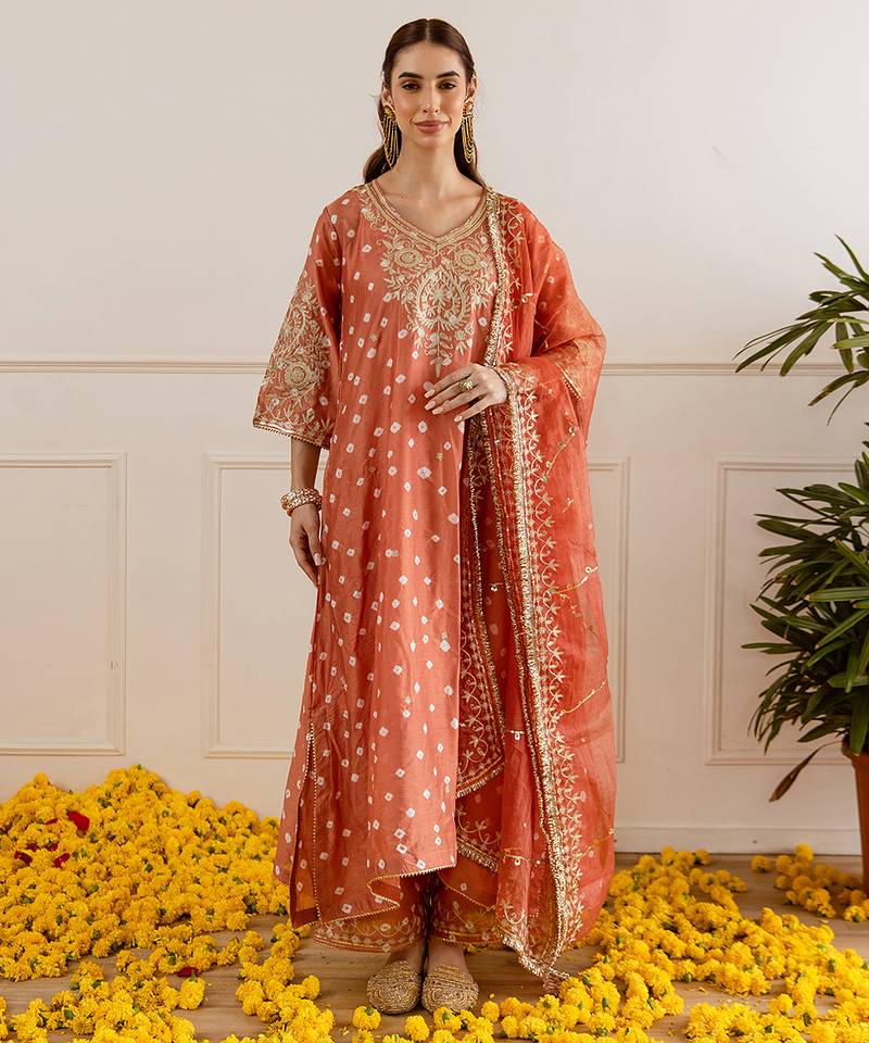 Orange embroidered chanderi kurta set