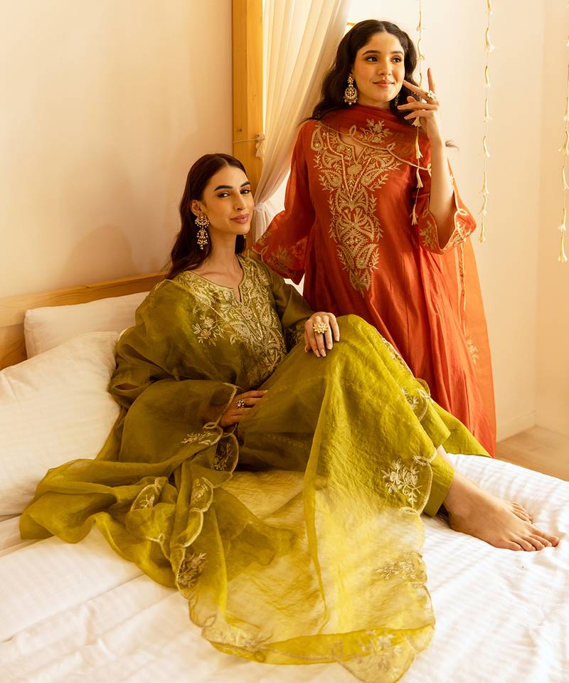 Orange embroidered chanderi kurta set