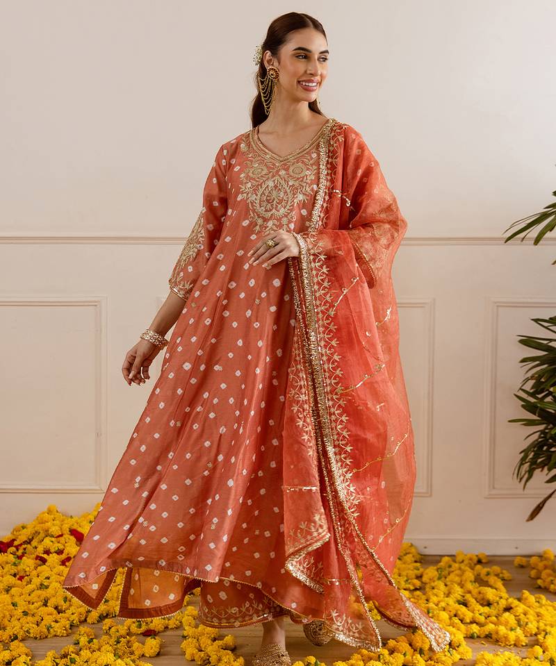 Orange embroidered chanderi kurta set