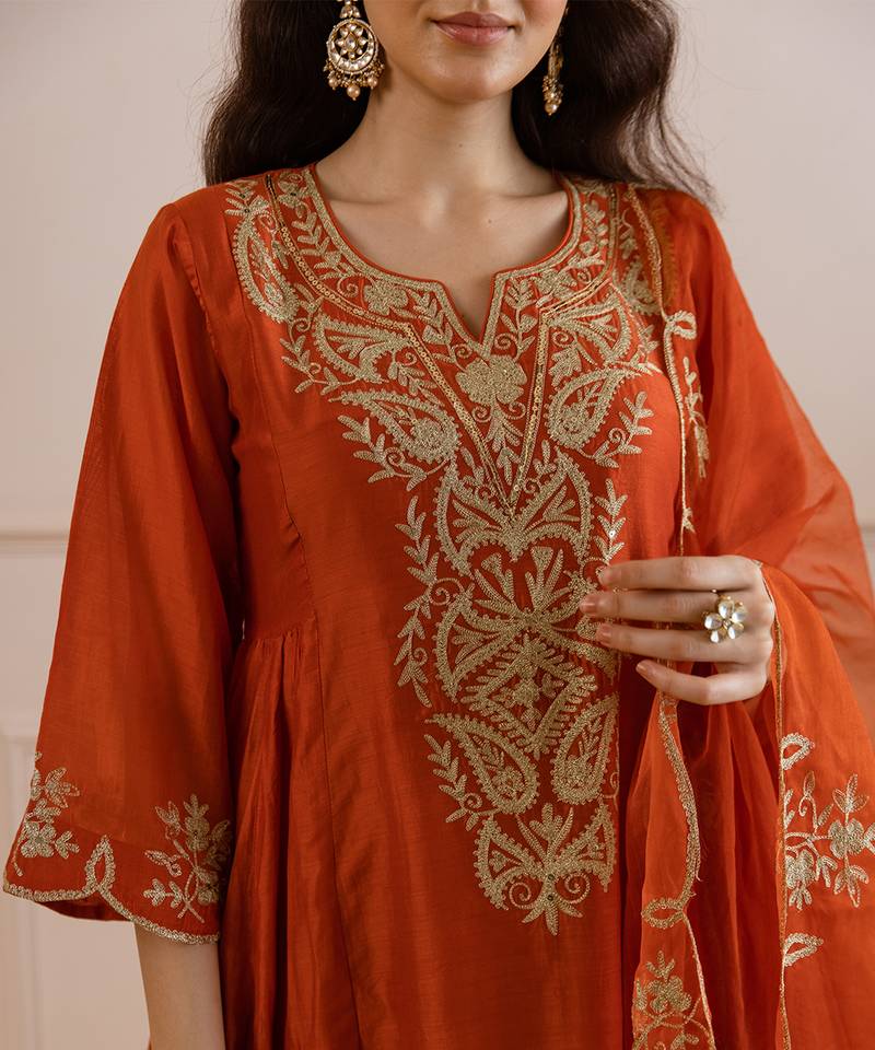 Orange embroidered chanderi kurta set