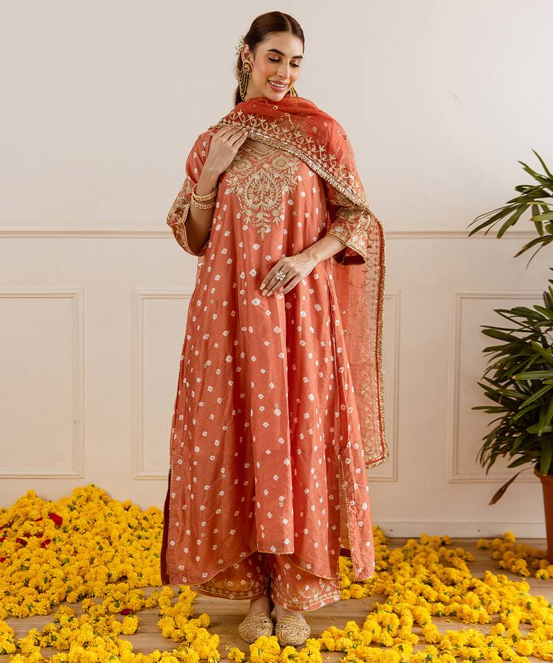 Orange embroidered chanderi kurta set