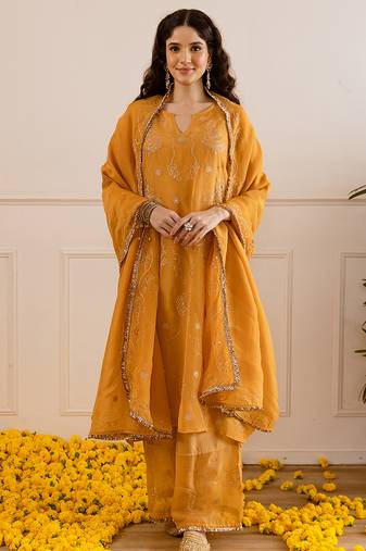 Mustard embroidered organza kurta set