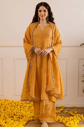 Mustard embroidered organza kurta set