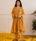 Mustard embroidered organza kurta set