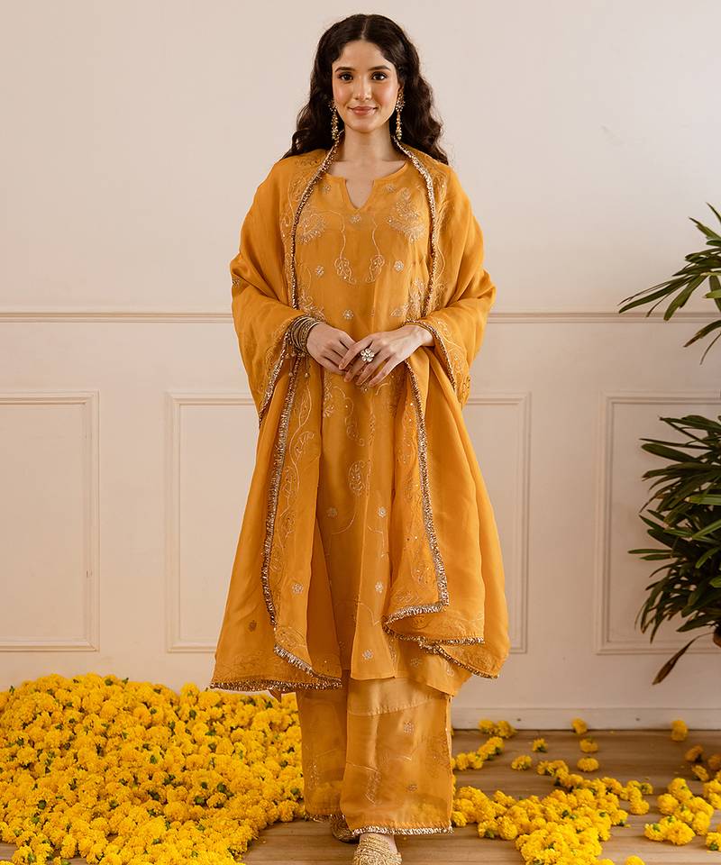 Mustard embroidered organza kurta set