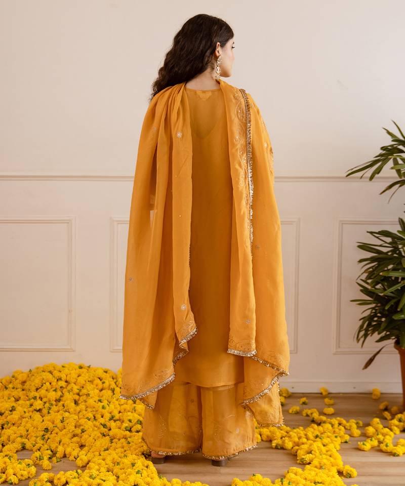 Mustard embroidered organza kurta set