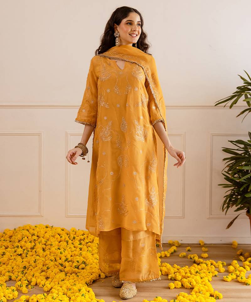 Mustard embroidered organza kurta set