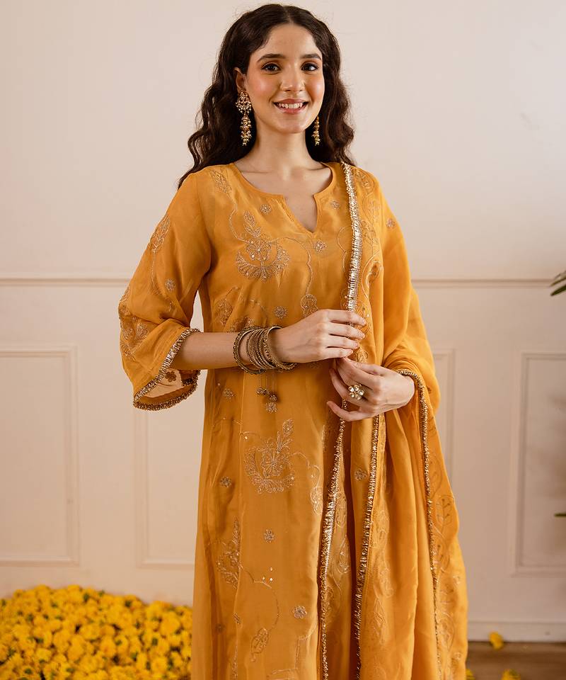 Mustard embroidered organza kurta set