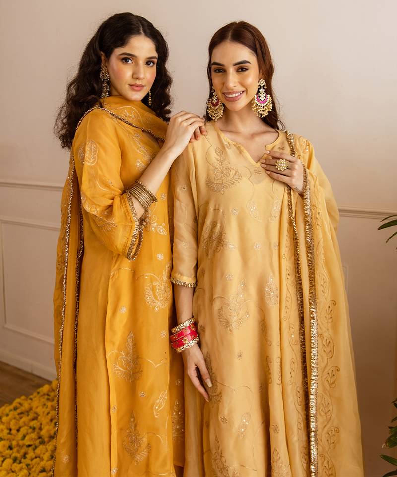 Mustard embroidered organza kurta set