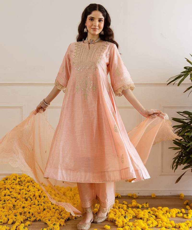 Peach embroidered chanderi kurta set