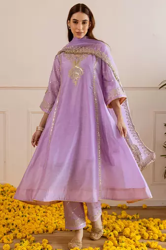 Lilac embroidered chanderi kurta set