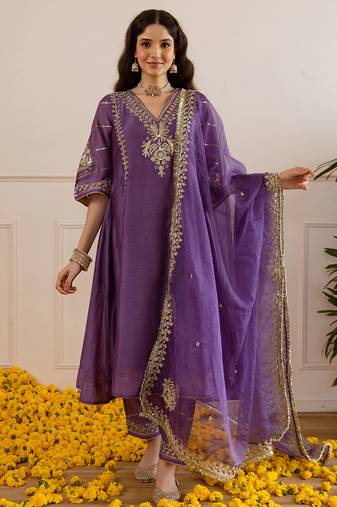 Purple embroidered chanderi kurta set