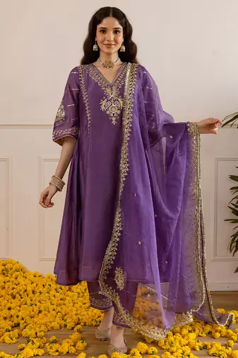 Purple embroidered chanderi kurta set