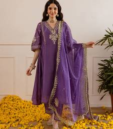 Purple embroidered chanderi kurta set