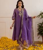 Purple embroidered chanderi kurta set