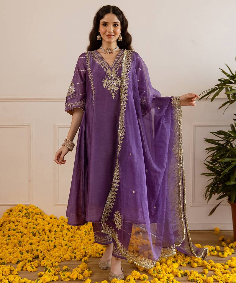 Purple embroidered chanderi kurta set