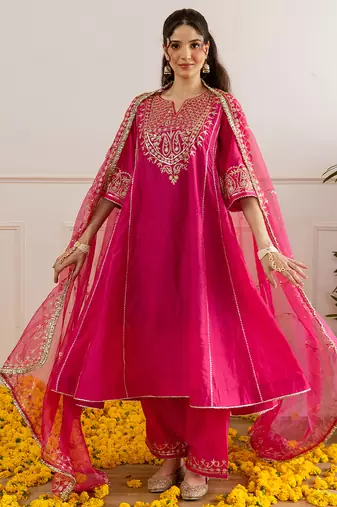 Pink embroidered chanderi kurta set