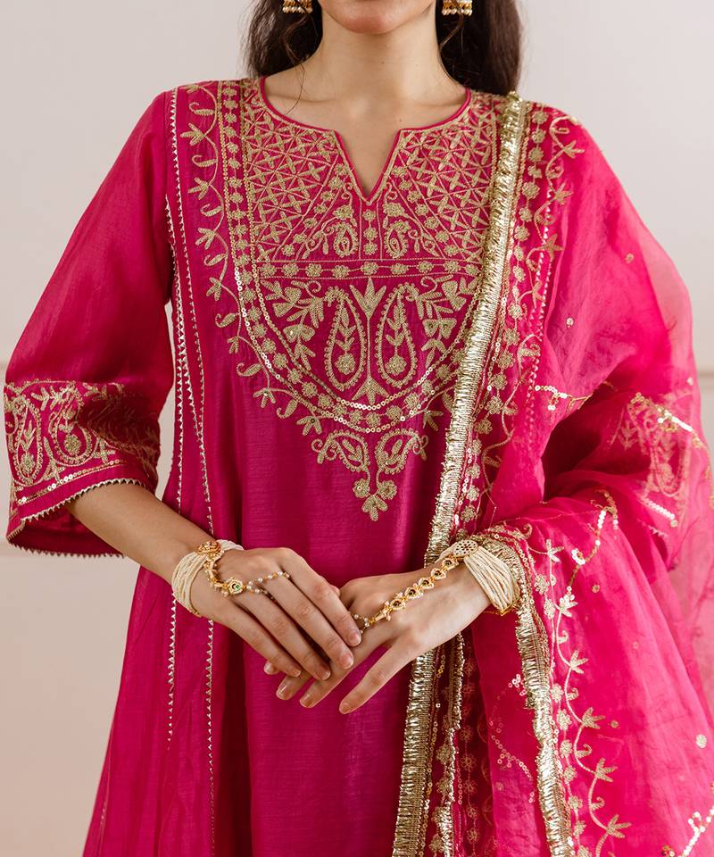 Pink embroidered chanderi kurta set