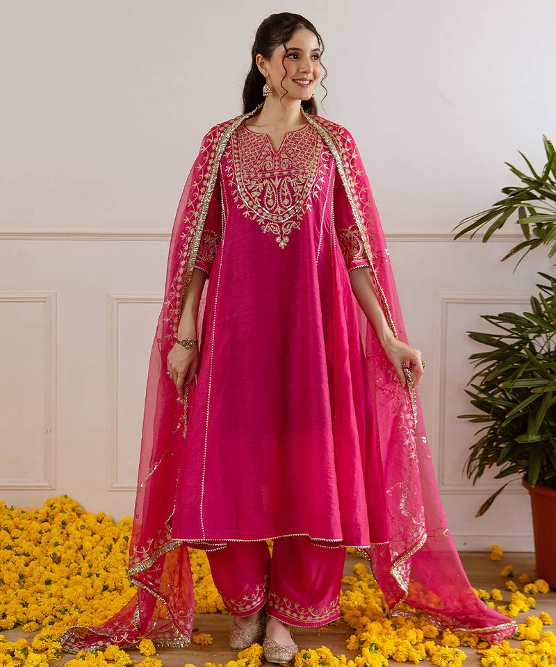 Pink embroidered chanderi kurta set