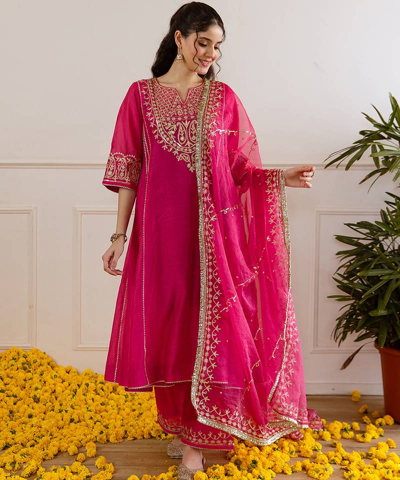 Pink embroidered chanderi kurta set