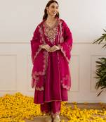 Red embroidered chanderi kurta set